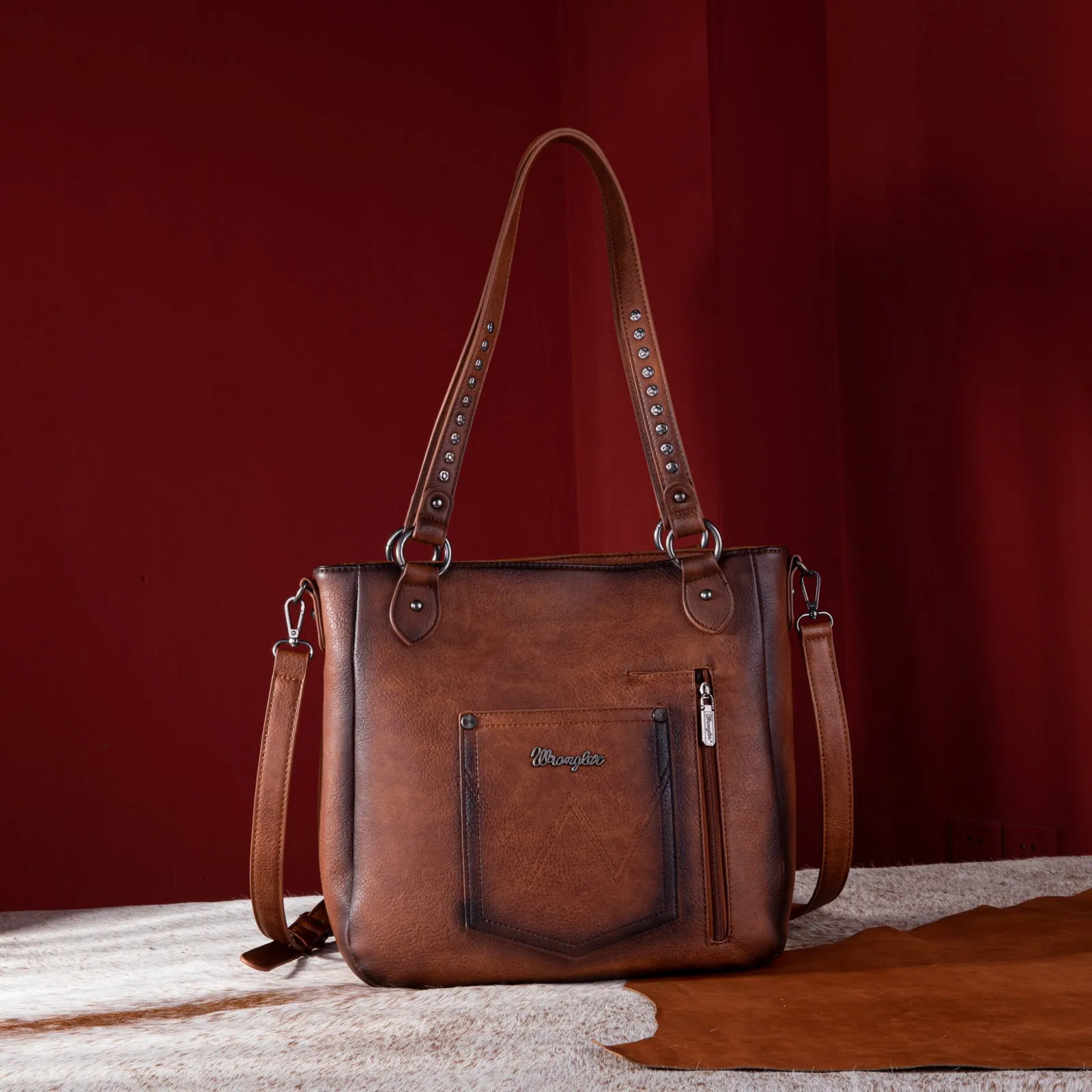 WG64-G2002 Wrangler Rivets Concealed Carry Oversize Tote/Crossbody -Brown
