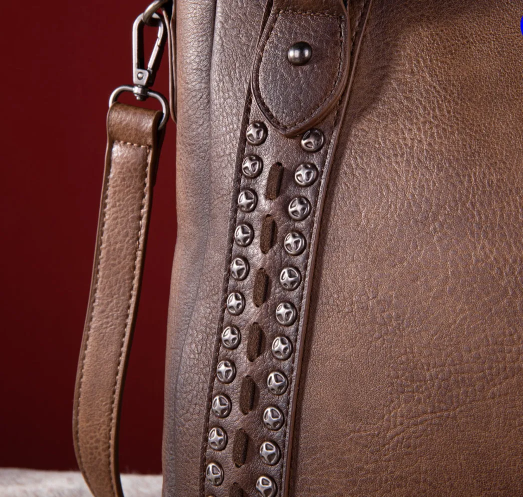 WG64-G2002 Wrangler Rivets Concealed Carry Oversize Tote/Crossbody -Coffee