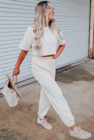 White Lattice Textured Cropped Tee and Jogger Pants Set