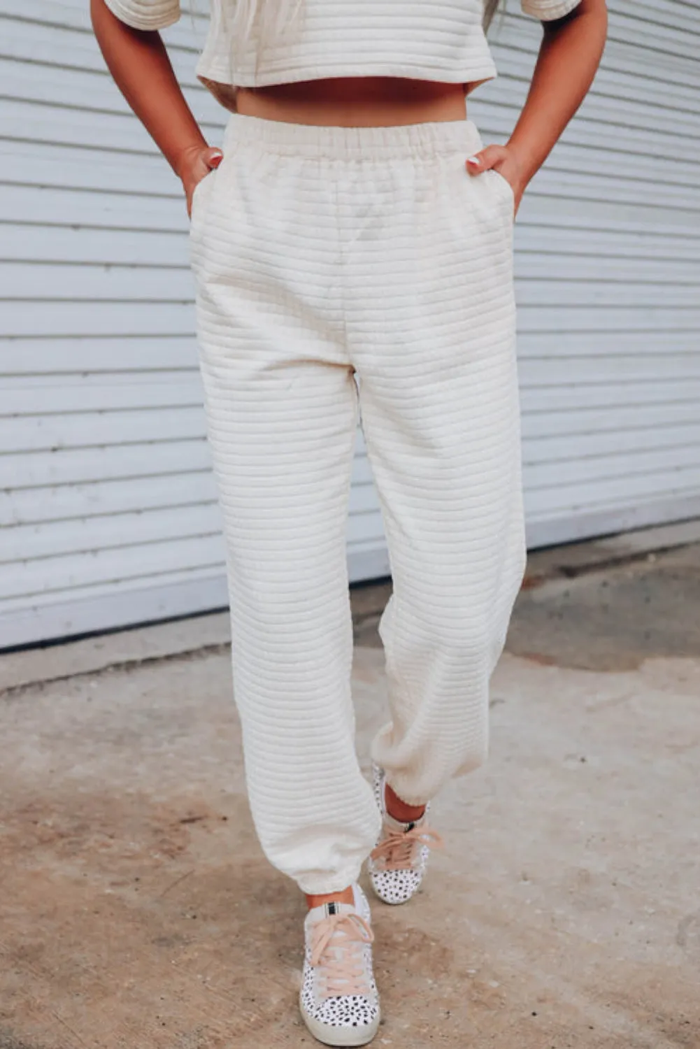 White Lattice Textured Cropped Tee and Jogger Pants Set