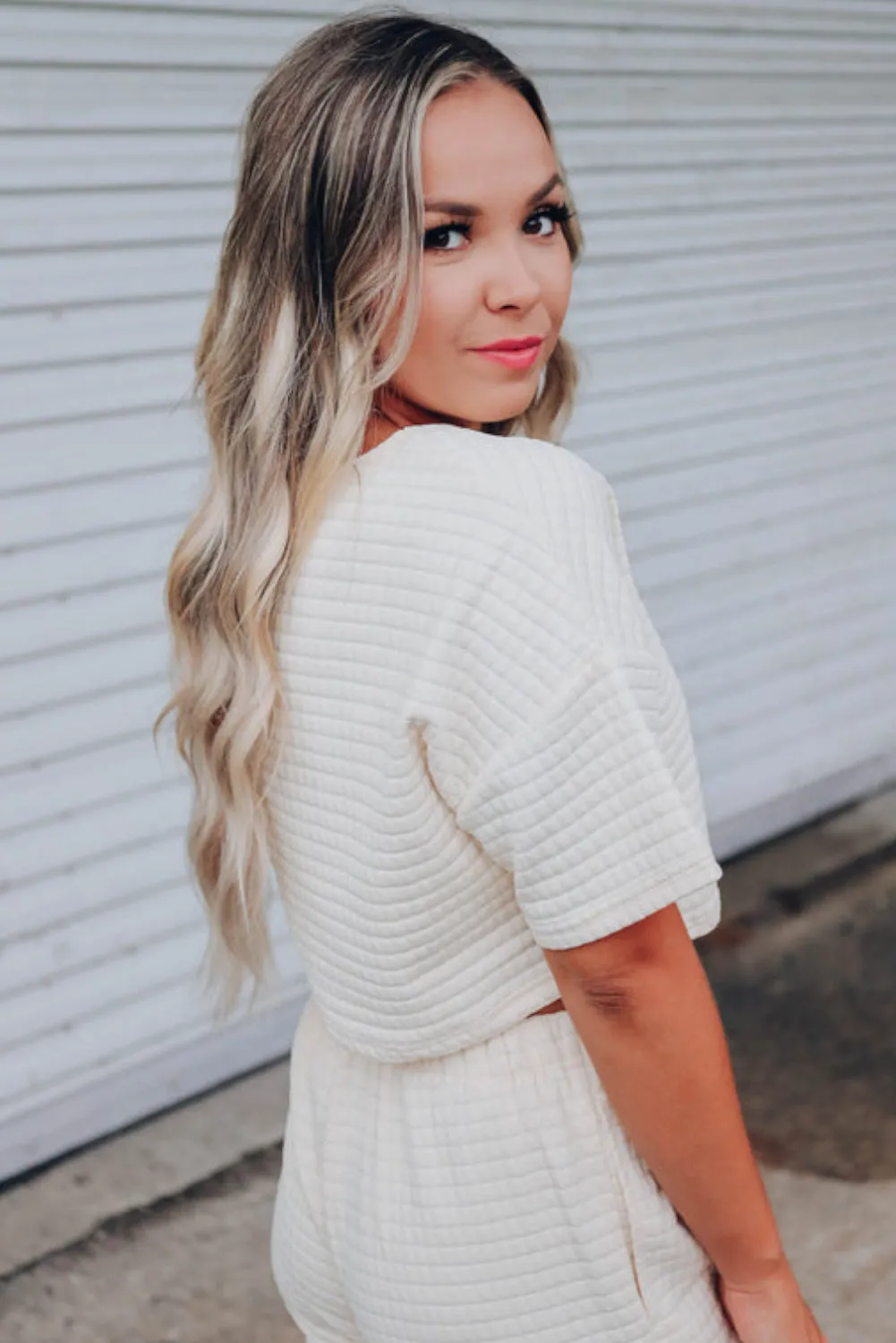 White Lattice Textured Cropped Tee and Jogger Pants Set
