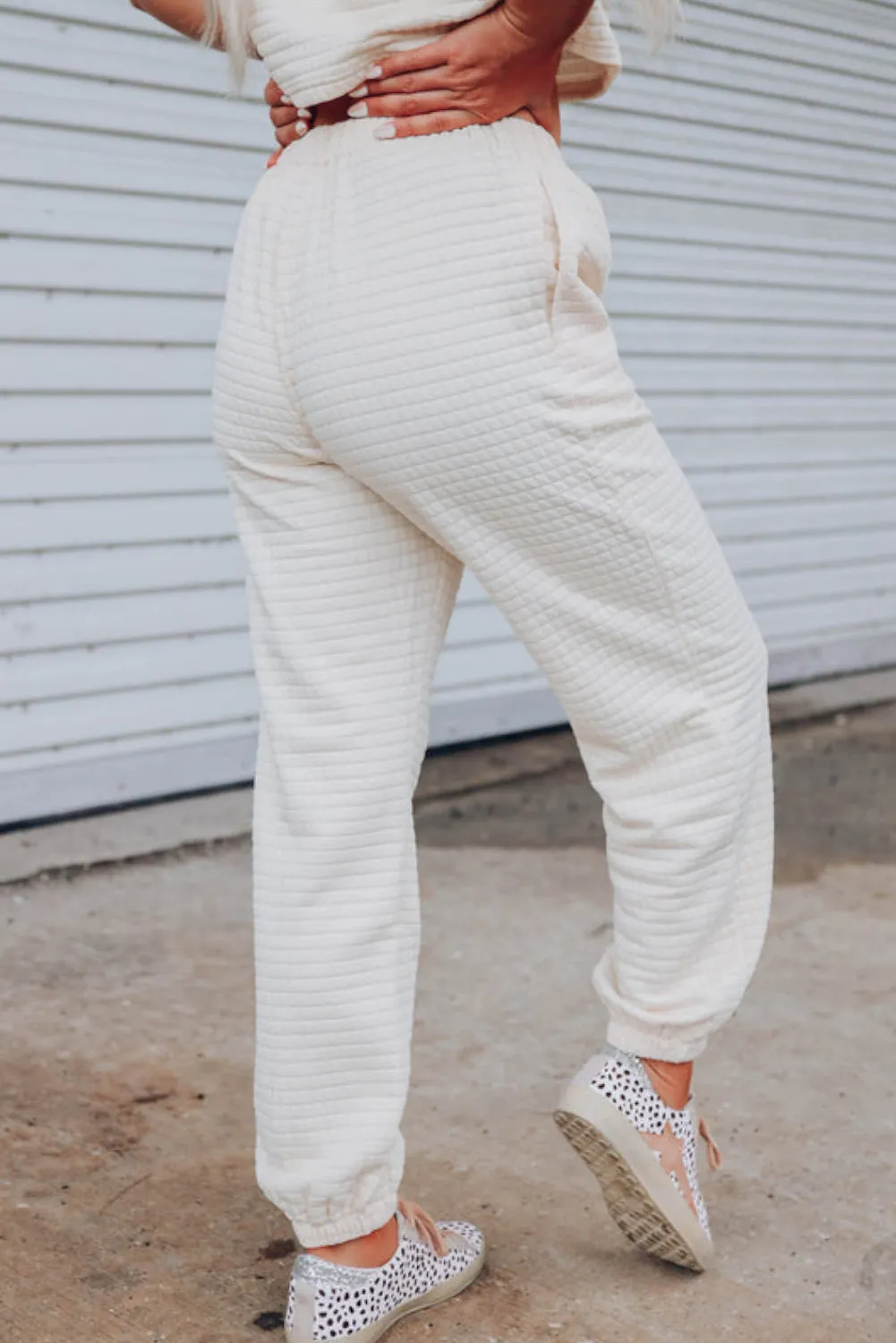 White Lattice Textured Cropped Tee and Jogger Pants Set