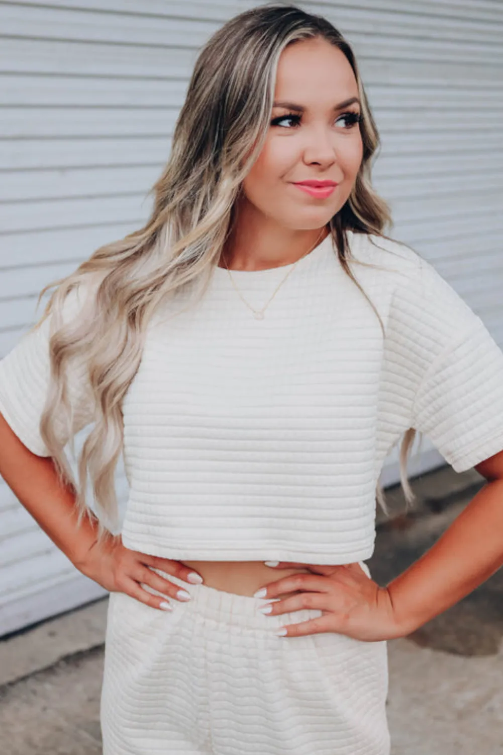 White Lattice Textured Cropped Tee and Jogger Pants Set
