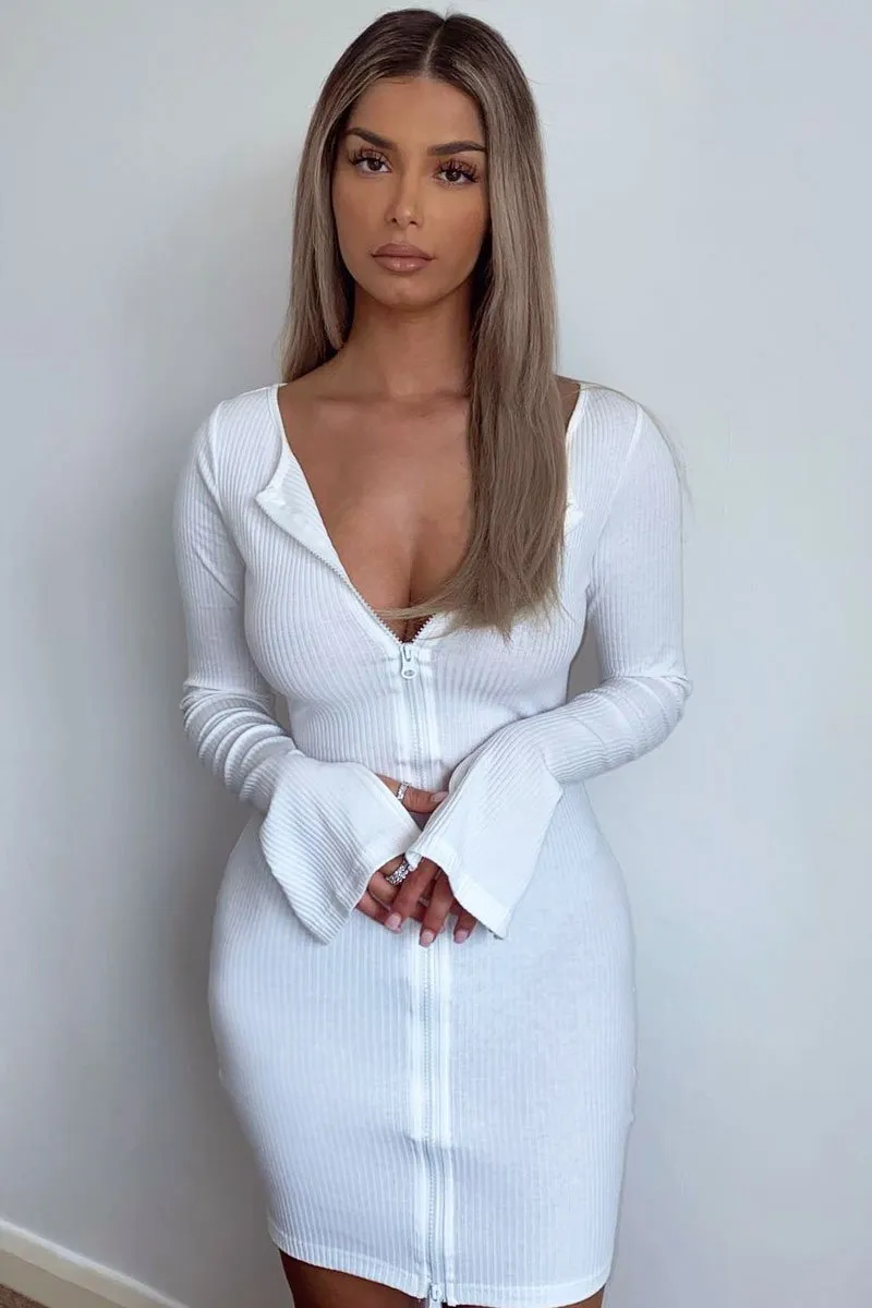 White Ribbed Double Zip Bodycon Mini Dress - Bellani