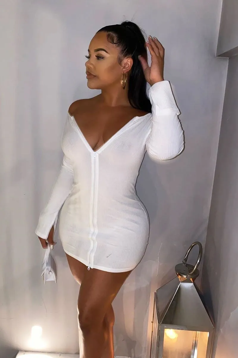 White Ribbed Double Zip Bodycon Mini Dress - Bellani
