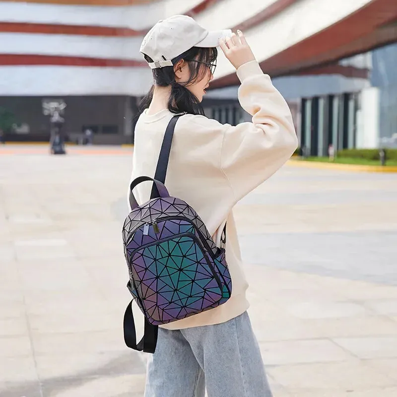 Women Luminous Brand Backpack Holographic reflective Geometric travel Shoulder Bag Folding Female student School Shine BackPack