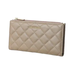 Women's Long Diamond Lattice Pattern Quilted Wallet with Golden Letters (Khaki)