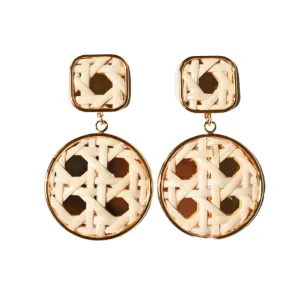 Woven Cane Rattan Square Post Drop Earrings