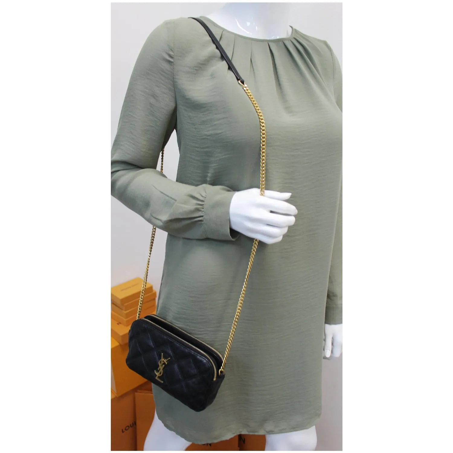 YVES SAINT LAURENT Becky Double Zip Lambskin Leather Crossbody Bag Black