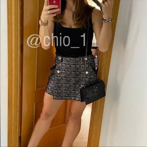 Zara Black Silver High Waisted Double Button Skort