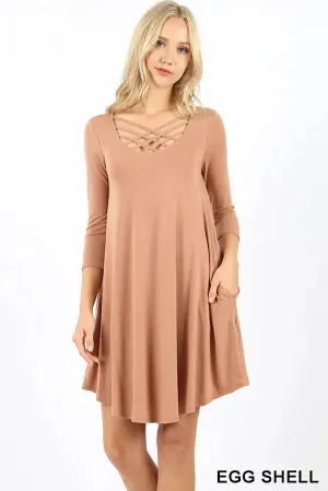 Zenana premium EGG SHELL LONG SLEEVE TRIPLE LATTICE DRESS